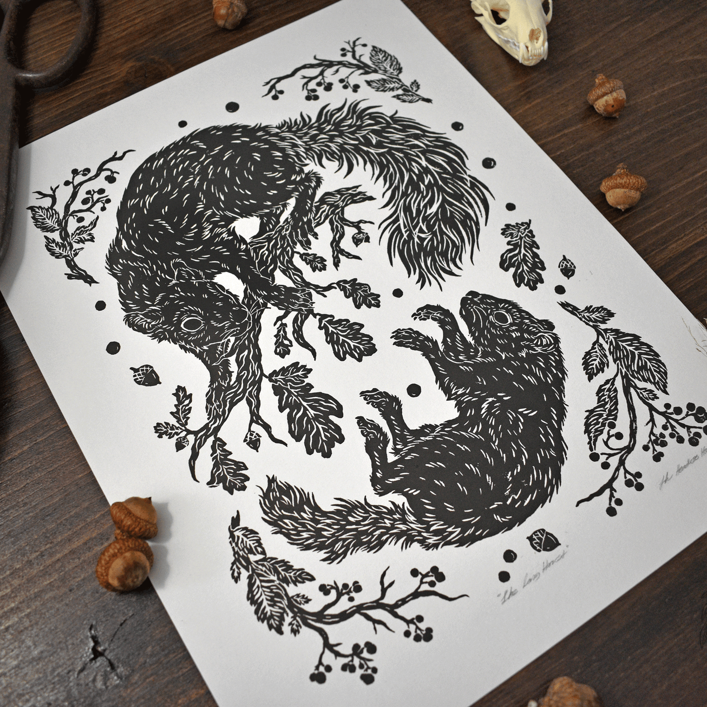 the long harvest-linocut print-squirrel-chipmunk